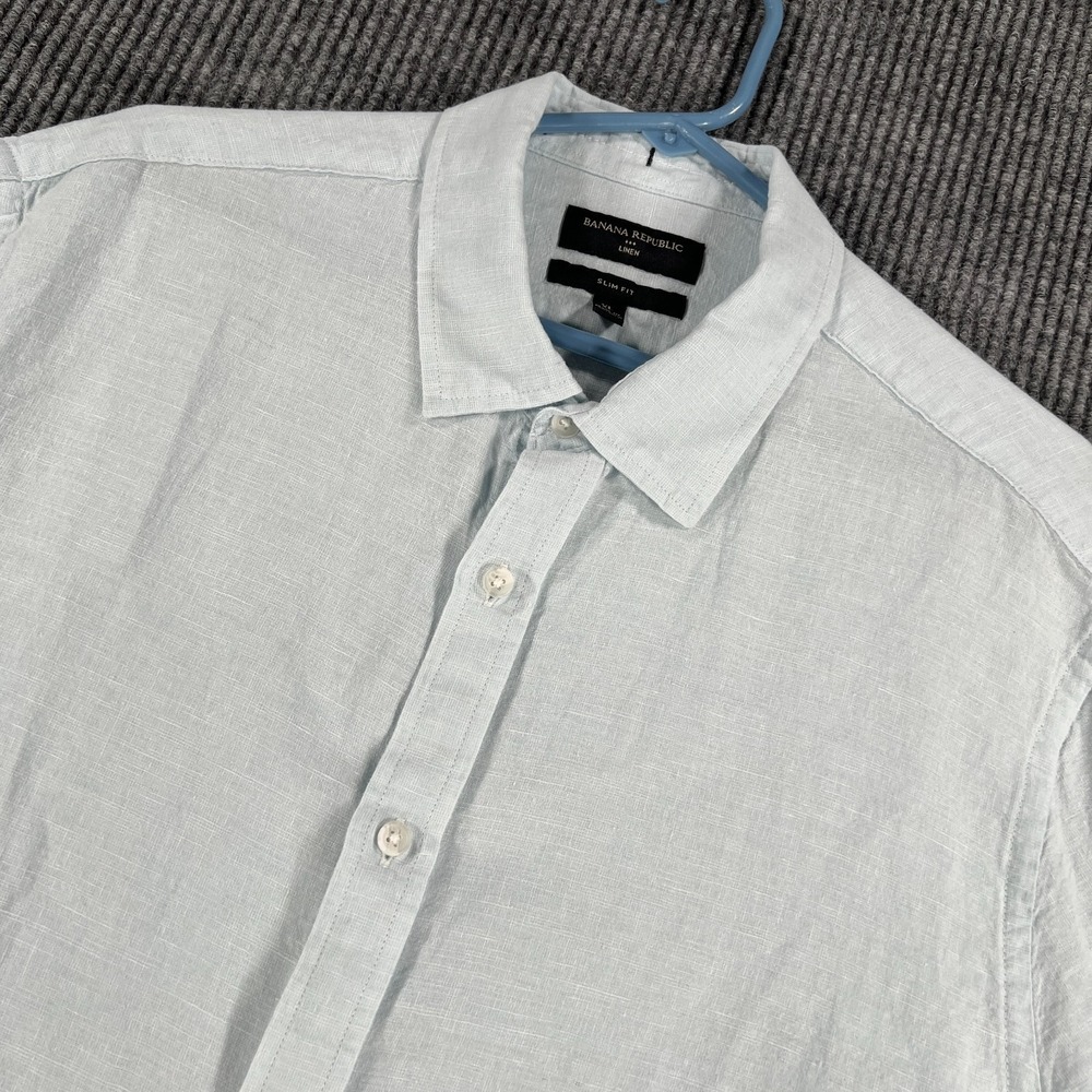 Banana Republic Shirt Mens XL Extra Large Blue Short Sleeve Linen Blend Slim Fit